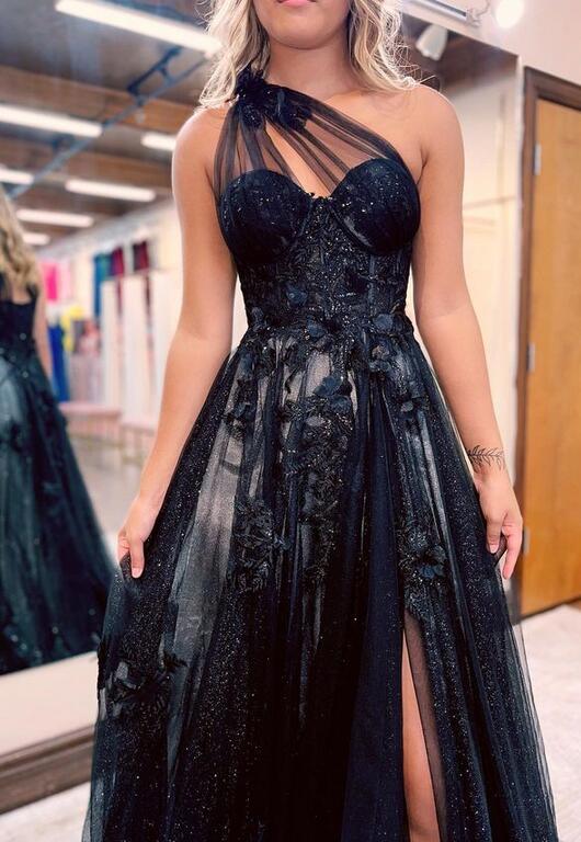 One Shoulder Black Long Prom Dresses with Slit