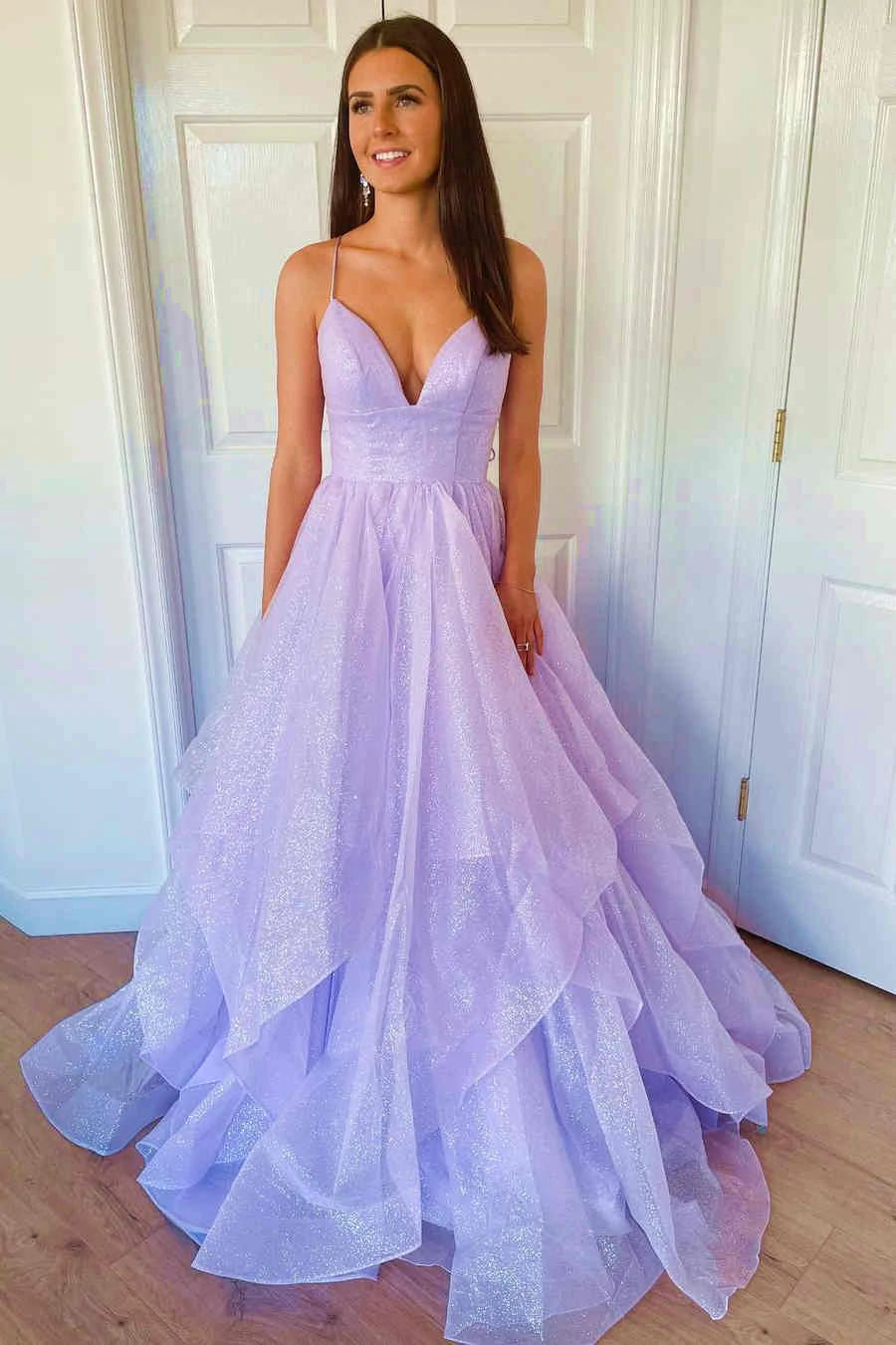 Straps Sparkling Ball Gown Long Prom Dress with Lace-up Back