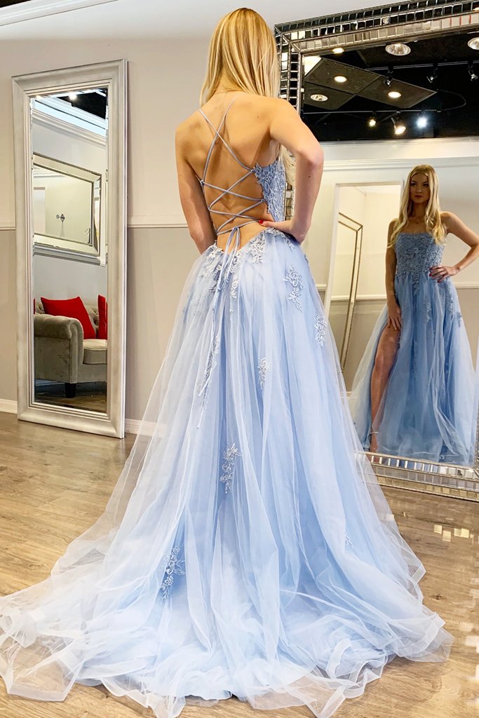 Gorgeous Backless Light Blue Floral Lace Long Prom Dress with Slit,Formal Dresses,Dance Dress