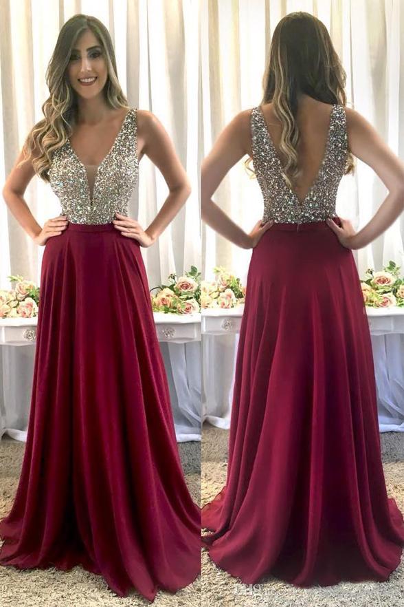 Beaded Prom Dress Deep V Back, Prom Dresses For Teens
