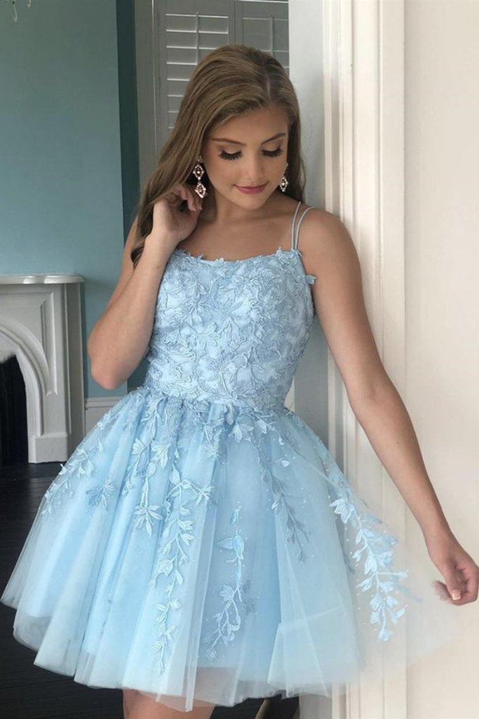 Light Blue Lace Homecoming Dress 2021, Short Prom Dress, Formal Outfit, Back to School Party Gown