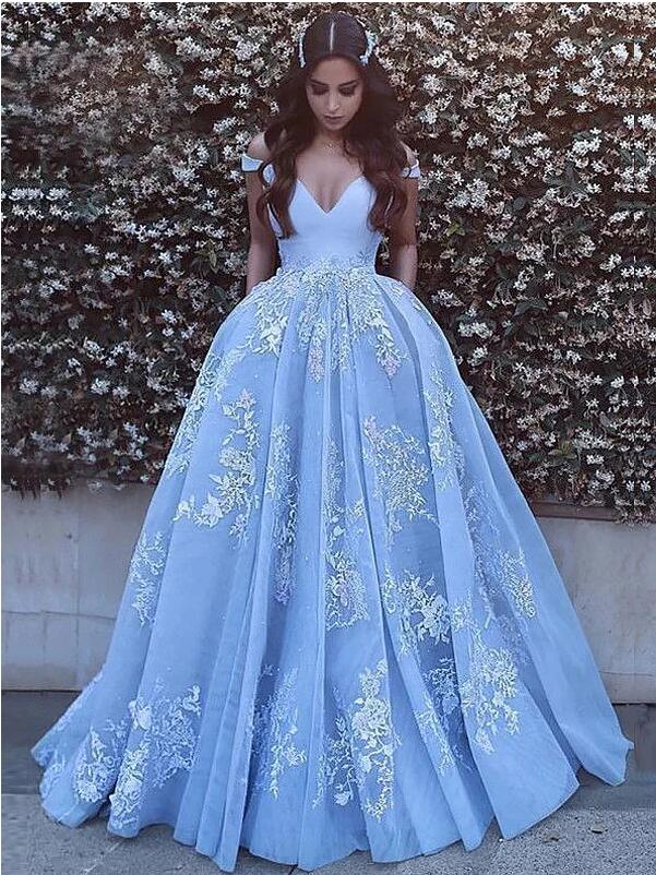 Blue Lace Prom Dress Off The Shoulder Straps, Dresses For Graduation Party, Evening Dress, Formal Dress