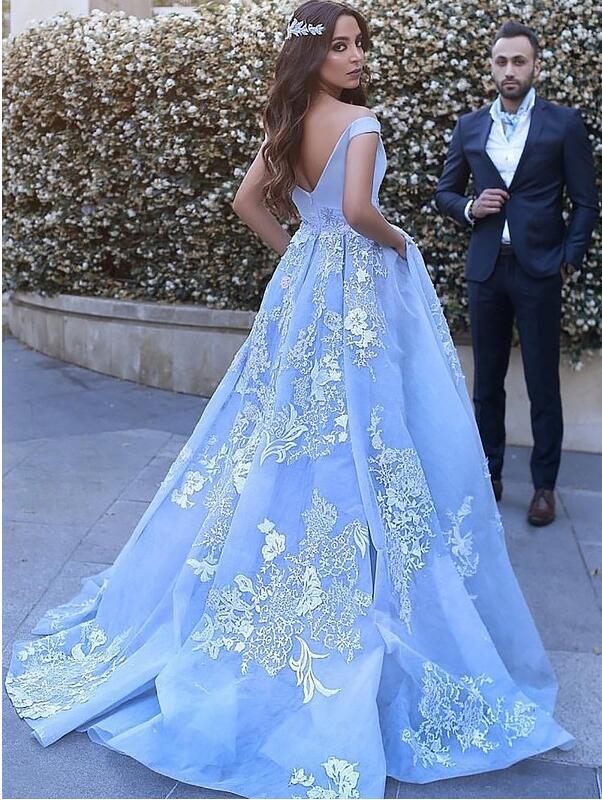Blue Lace Prom Dress Off The Shoulder Straps, Dresses For Graduation Party, Evening Dress, Formal Dress