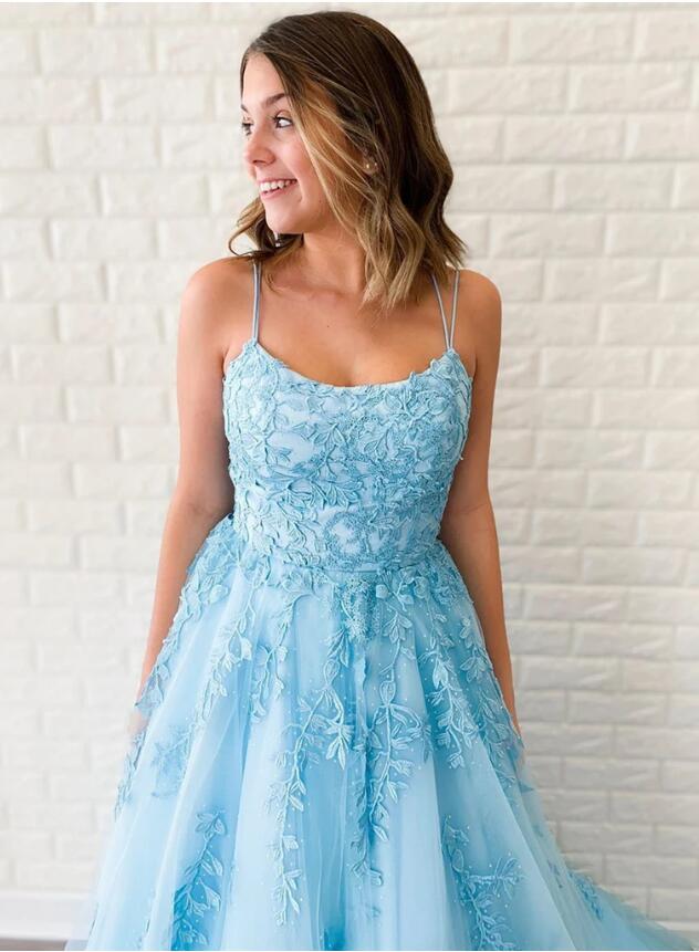 Light Blue Prom Dress with Straps, Prom Dresses, Pageant Dress, Evening Dress, Ball Dance Dresses, Graduation School Party Gown