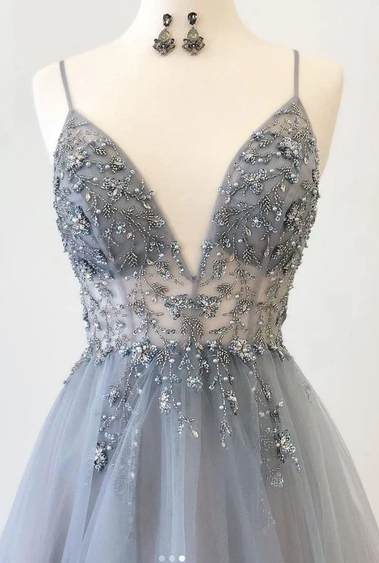 A Line V Neck Grey Beaded Long Prom Dress with Split,Formal Dresses