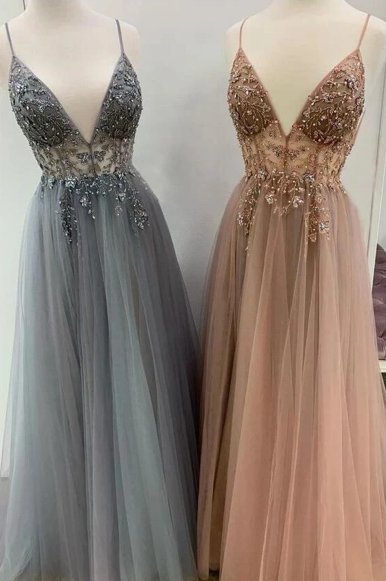 A Line V Neck Grey Beaded Long Prom Dress with Split,Formal Dresses