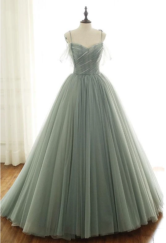 Tulle Ball Gown Long Prom Dresses with Beading,Evening Dresses,Charming Dance Dress