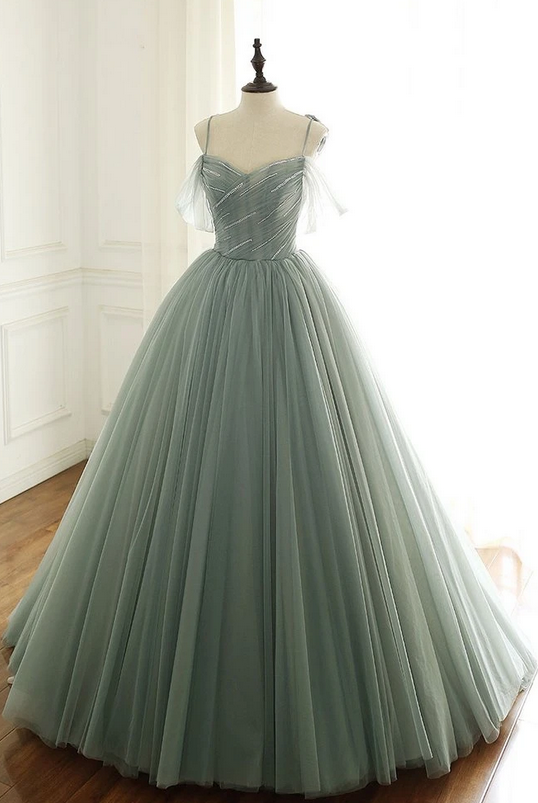 Tulle Ball Gown Long Prom Dresses with Beading,Evening Dresses,Charming Dance Dress