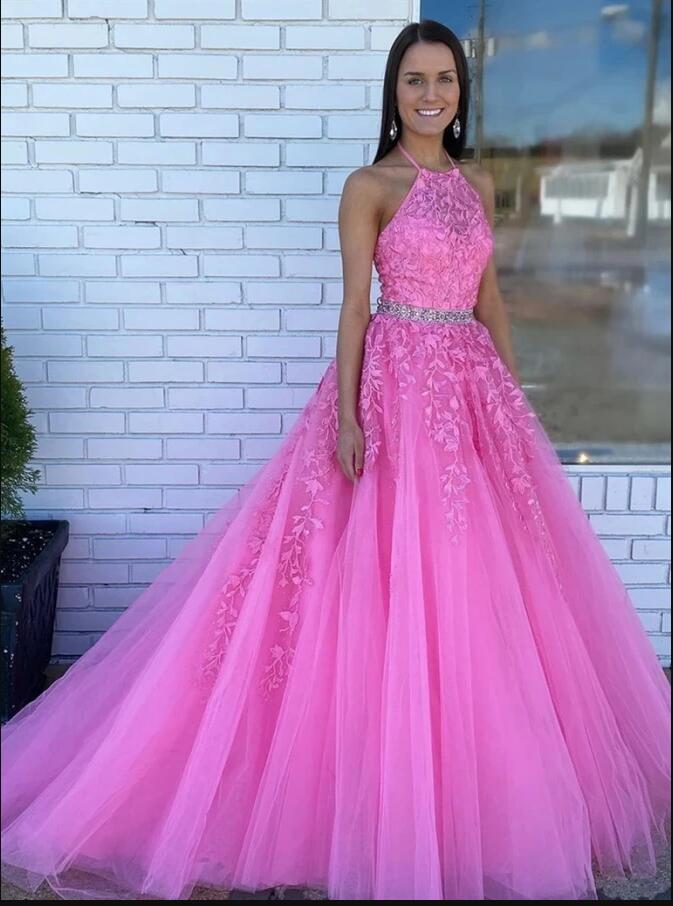 Lace Prom Dress Halter Neckline, Special Occasion Dress, Evening Dress, Dance Dresses, Graduation School Party Gown