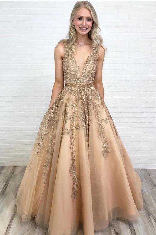 Champagne Prom Dress Low Cut, Homecoming Dress ,Formal Dress, Evening Dress, Dance Dresses
