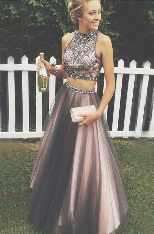 Two Pieces Prom Dress Halter Neckline, Homecoming Dress, Formal Dress, Evening Dress, Dance Dresses, Graduation Party Dress