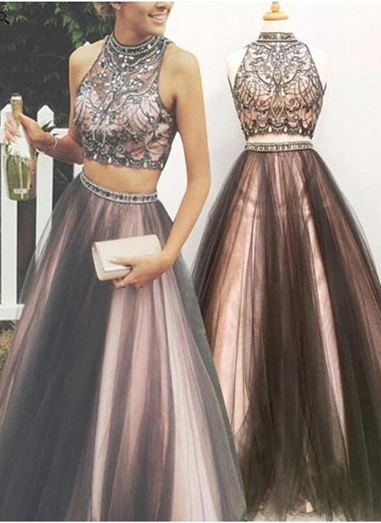 Two Pieces Prom Dress Halter Neckline, Homecoming Dress, Formal Dress, Evening Dress, Dance Dresses, Graduation Party Dress