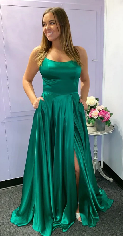 Simple Satin Long Prom Dresses with Slit
