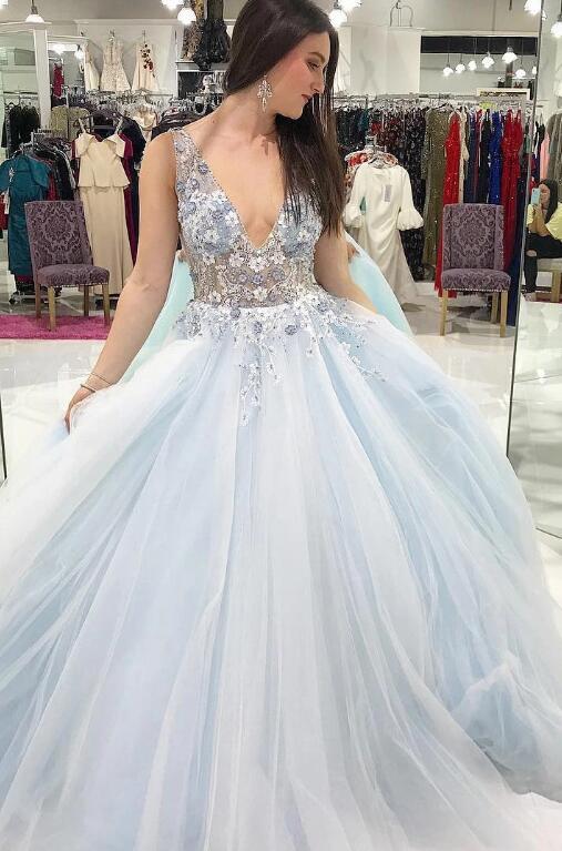 Tulle Long Prom Dress with Appliques and Beading,Prom Dresses,Pageant Dress