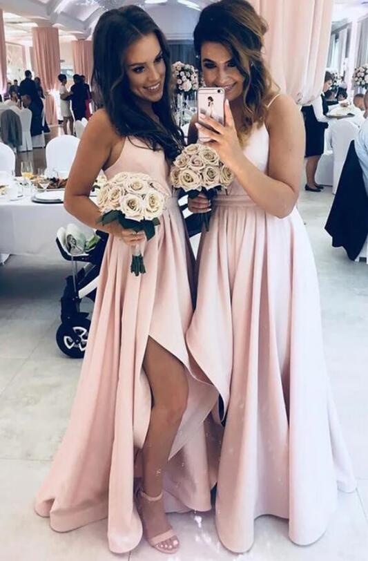 Simple Light Pink Spaghetti Straps Bridesmaid Dresses With Slit,Formal Dress,Wedding Party Dresses