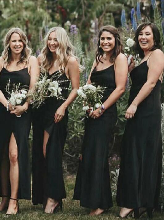 Cheap Black Mermaid Side Slit Spaghetti Straps Long Bridesmaid Dresses Online,Cheap Bridesmaids Dresses