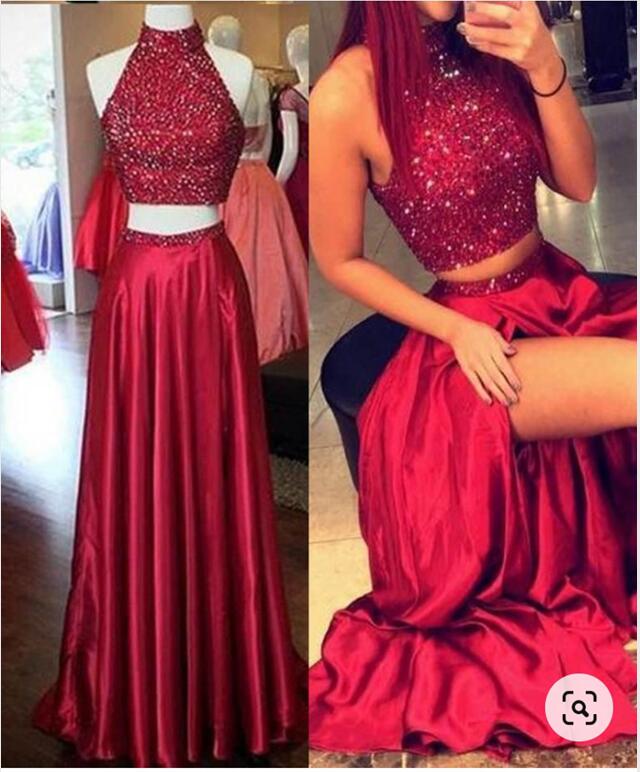 Two Pieces Prom Dress Halter Neckline, Prom Dresses, Evening Gown, Graduation School Party Dress, Winter Formal Dress