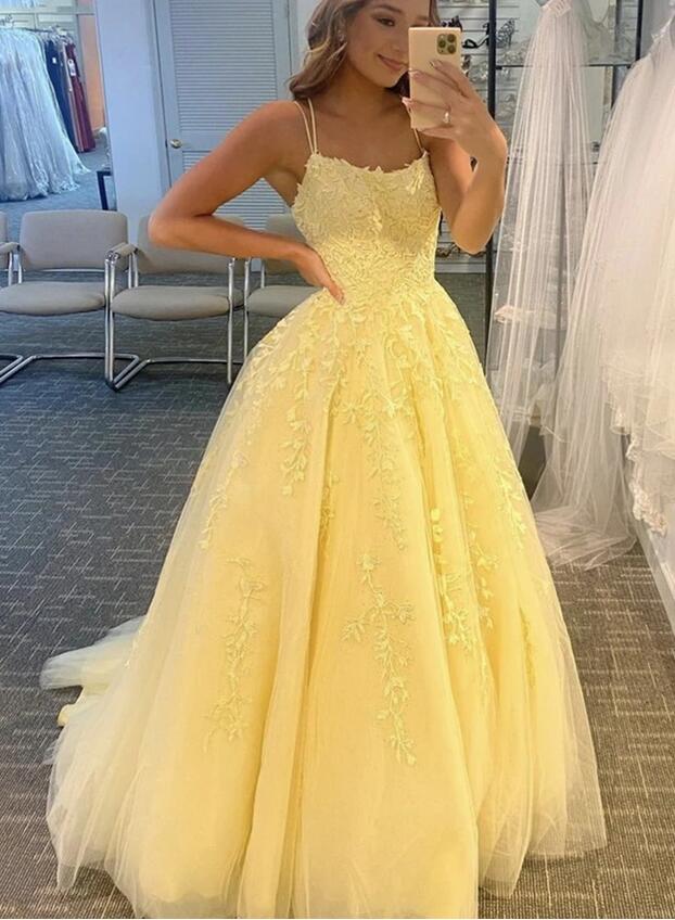 Yellow Lace Prom Dress Long, Formal Dress, Dance Dresses, Graduation School Party Gown