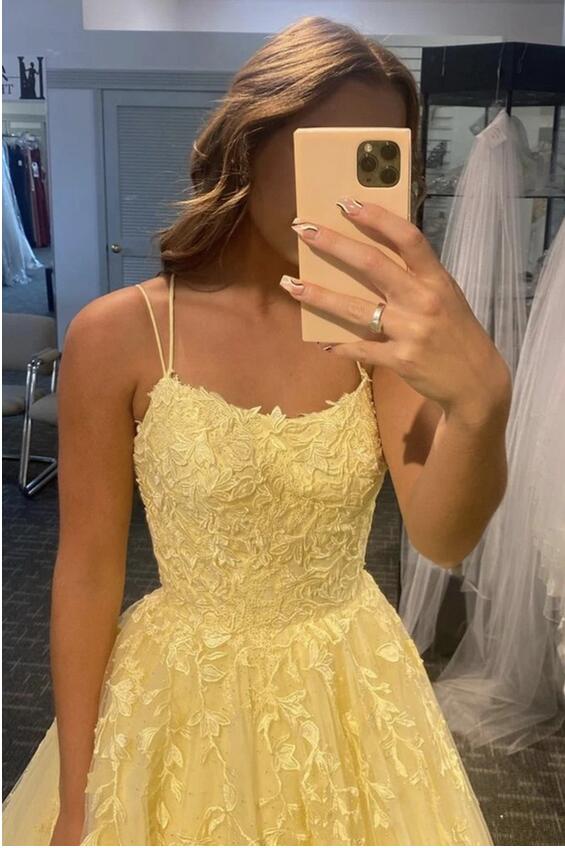Yellow Lace Prom Dress Long, Formal Dress, Dance Dresses, Graduation School Party Gown