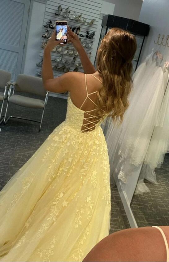 Yellow Lace Prom Dress Long, Formal Dress, Dance Dresses, Graduation School Party Gown