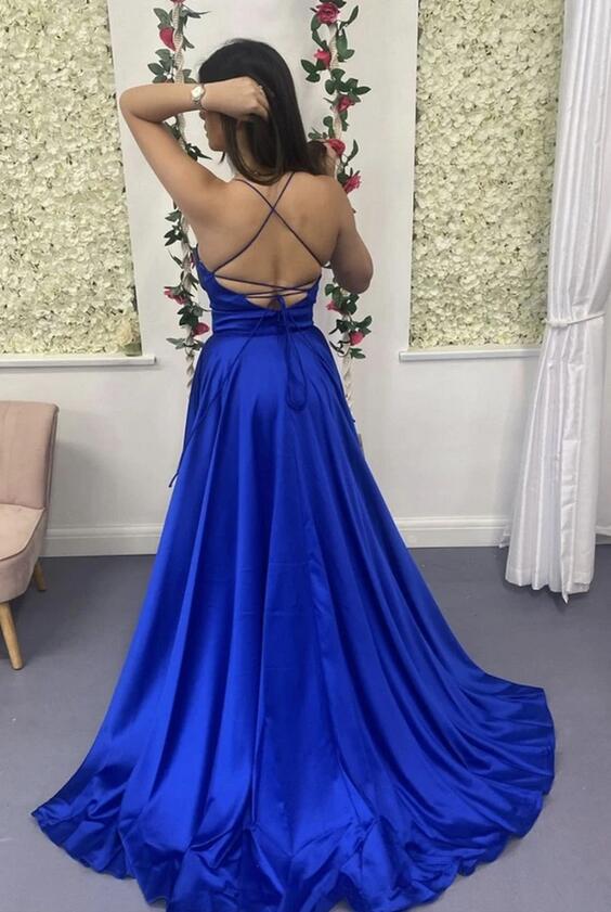 Royal Blue V-neck Long Prom Dress with Slit