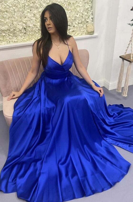 Royal Blue V-neck Long Prom Dress with Slit