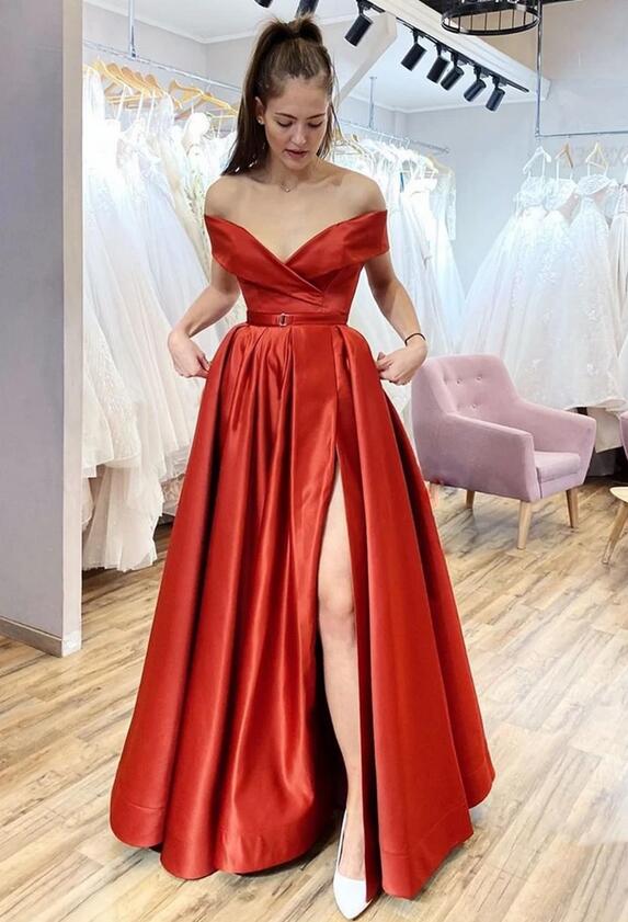 Sexy Off the Shoulder Satin Prom Dress with Pockets and Slit