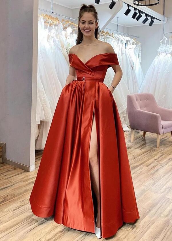 Sexy Off the Shoulder Satin Prom Dress with Pockets and Slit