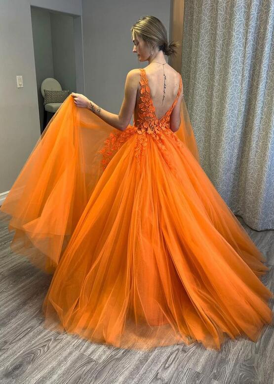 Orange Color Prom Dress In Tulle and Lace , Formal Dress, Graduation School Party Gown