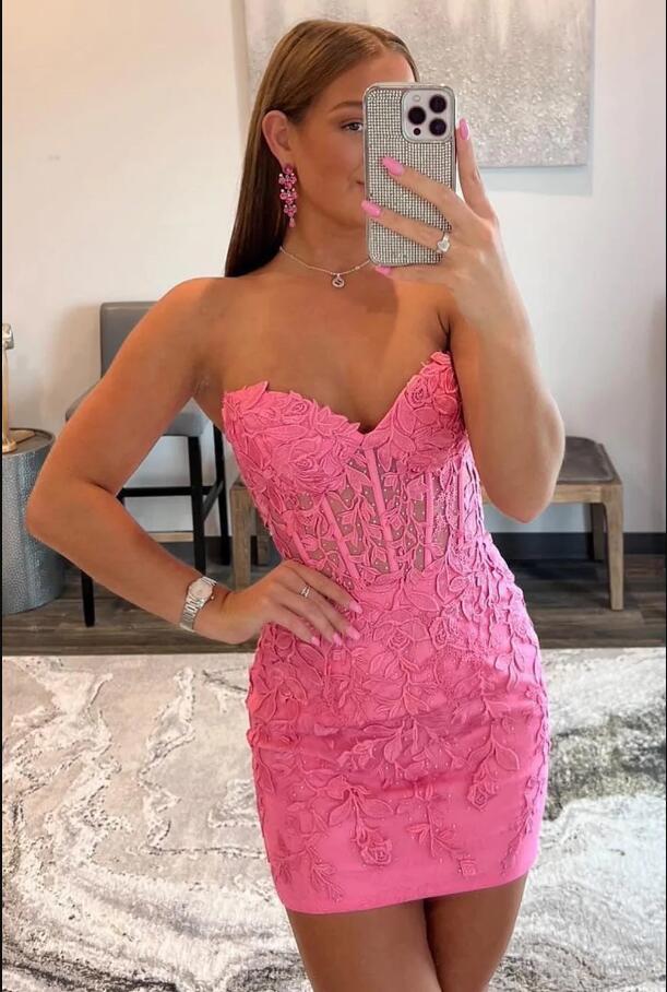 Pink Lace Homecoming Dress , HOCO Dress, Short Prom Dress ,Back To School Party Dress, Evening Dress, Formal Dress