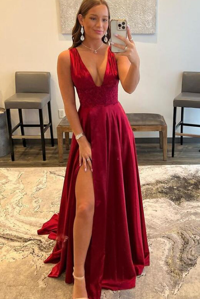 V-neck Open Back Sexy Long Prom Dresses with Slit