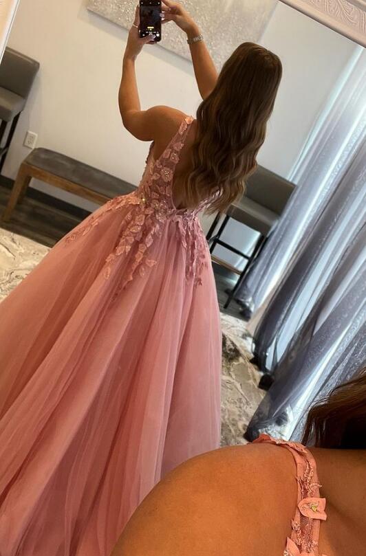 V-neck Tulle Long Prom Dress with Appliques and Beading
