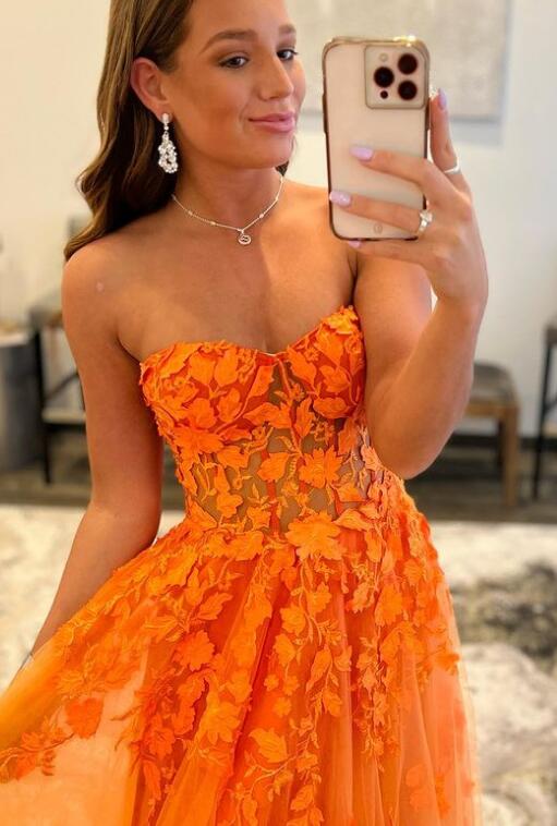 2024 Strapless Leaf Lace Long Prom Dress with Sheer Corset Bodice