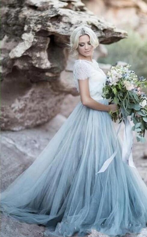 Colored Wedding Dress Short Sleeves Beach Wedding Dress For Brides Bridal Gown
