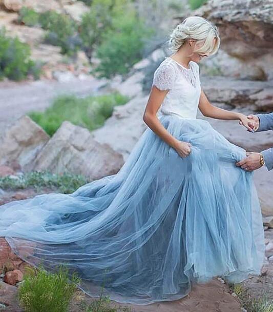 Colored Wedding Dress Short Sleeves Beach Wedding Dress For Brides Bridal Gown