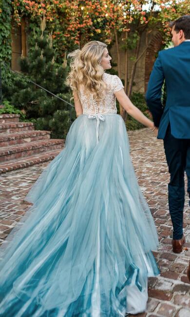 Colored Wedding Dress Short Sleeves Beach Wedding Dress For Brides Bridal Gown