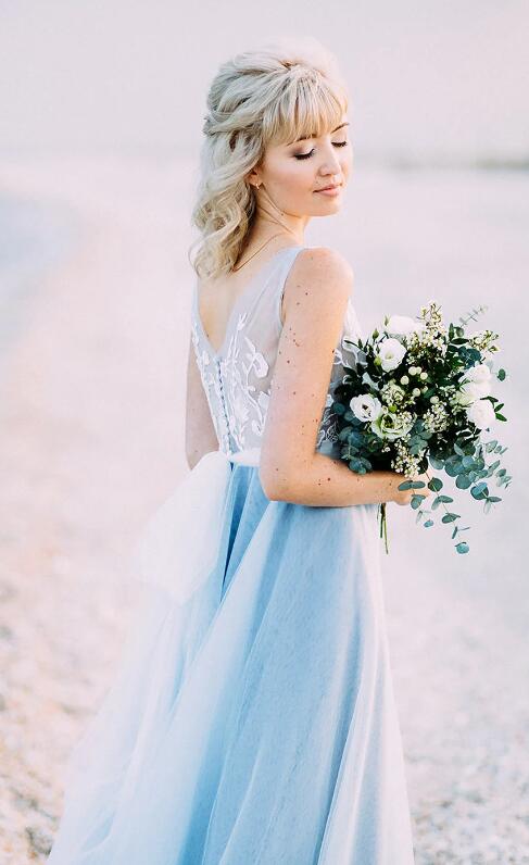 Tulle Beach Wedding Dress For Brides with Lace Top