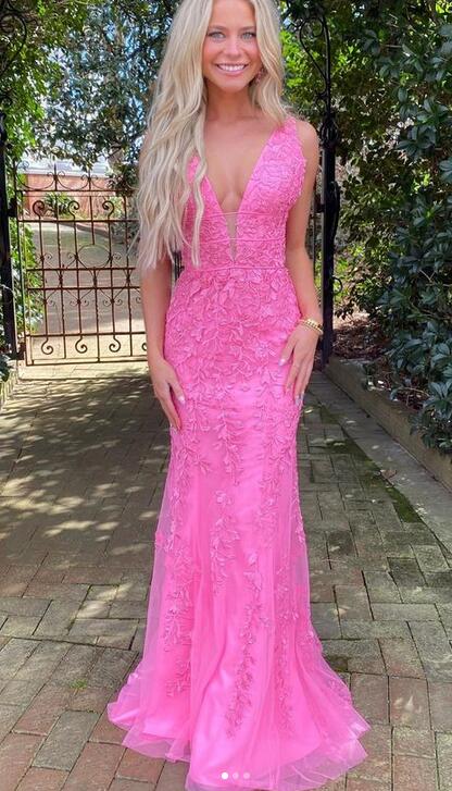 V-neck Open Back Mermaid Leaf Lace Long Prom Dress