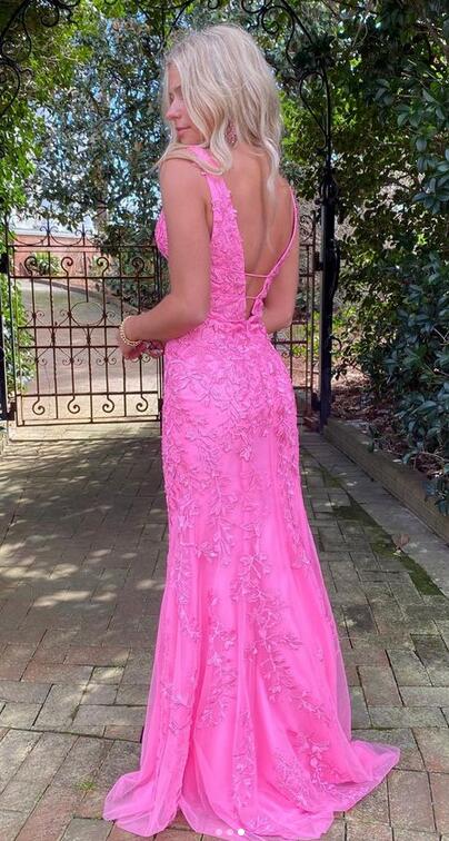 V-neck Open Back Mermaid Leaf Lace Long Prom Dress