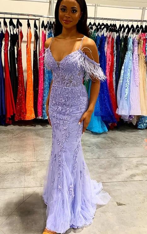 Mermaid Leaf Lace Long Prom Dress with Off the Shoulder Feathers Sleeves