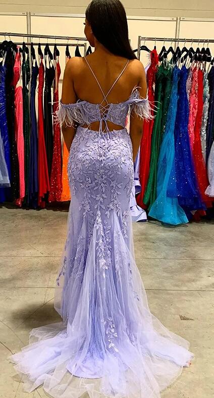 Mermaid Leaf Lace Long Prom Dress with Off the Shoulder Feathers Sleeves