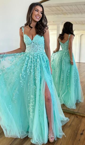 homecoming dress long Straps Leaf Lace Long Prom Dress with Pearls and Sheer Corset Bodice