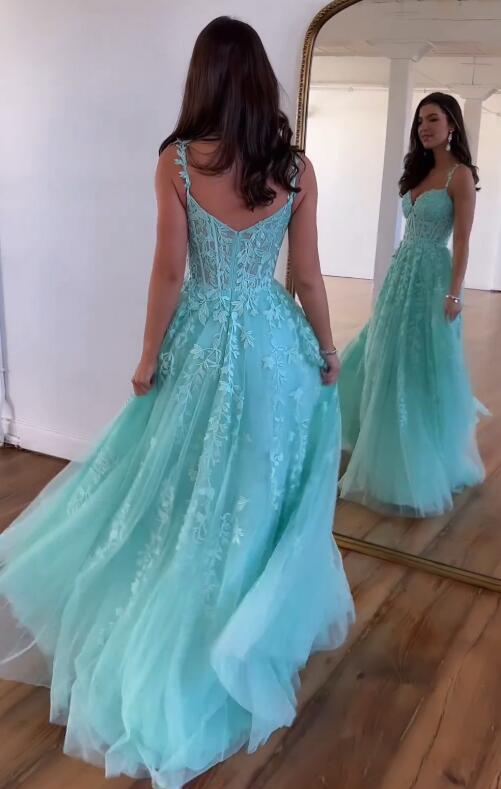 Straps Leaf Lace Long Prom Dress with Pearls and Sheer Corset Bodice