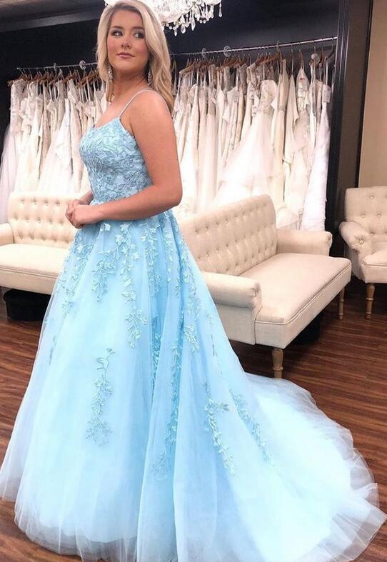 Straps Leaf Lace Ball Gown Long Prom Dresses