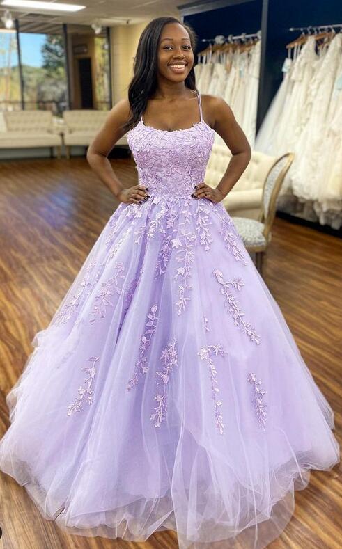 Straps Leaf Lace Ball Gown Long Prom Dresses