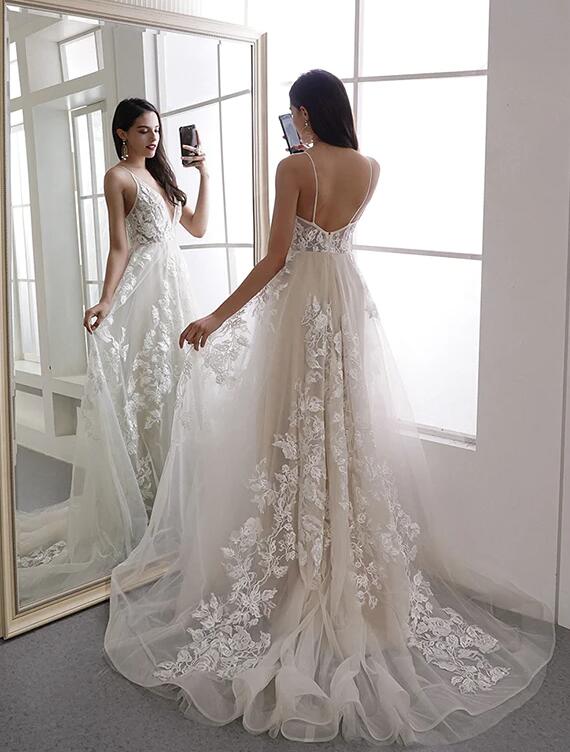 V-neck Open Back A-line Wedding Dresses, Bridal Dresses