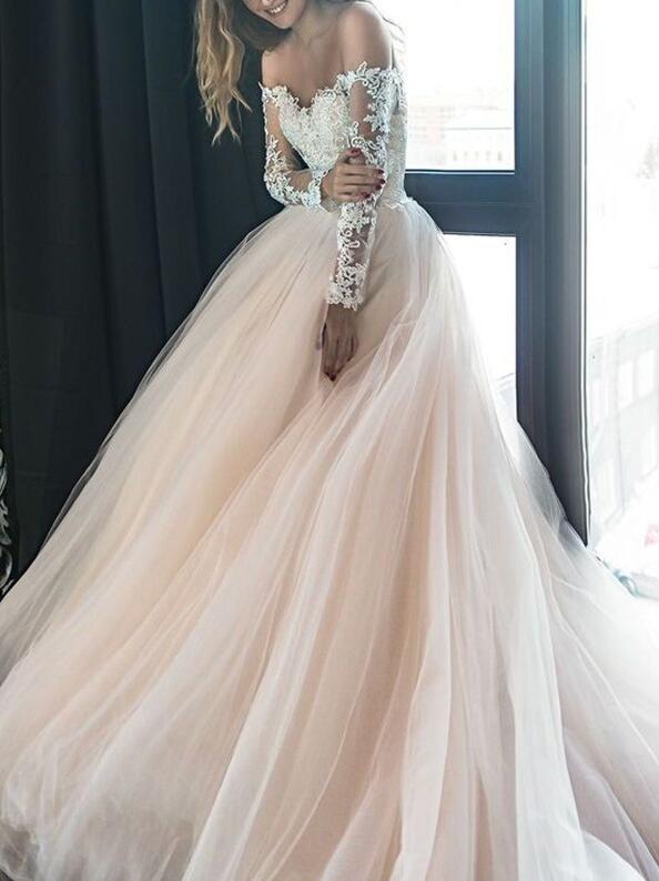 Off-the-Shoulder Long Sleeves Chapel Train A-line Wedding Dresses DT1403