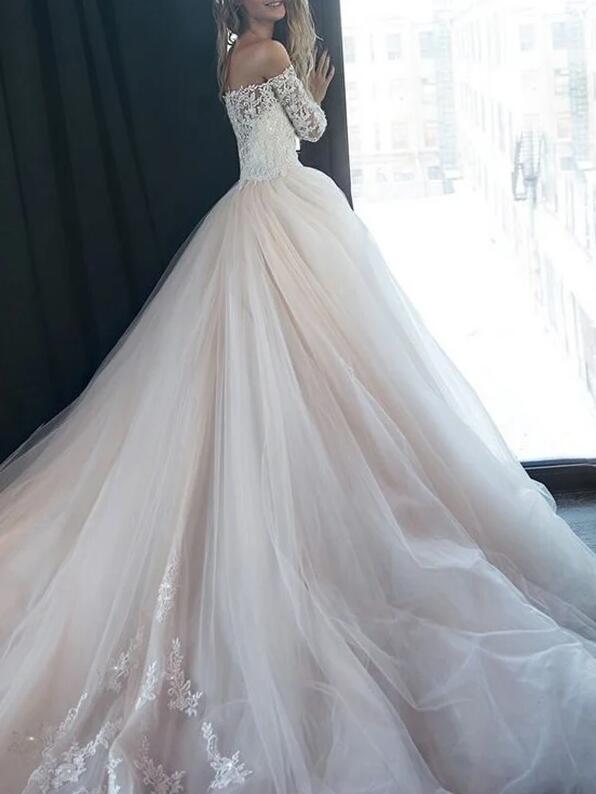 Off-the-Shoulder Long Sleeves Chapel Train A-line Wedding Dresses DT1403