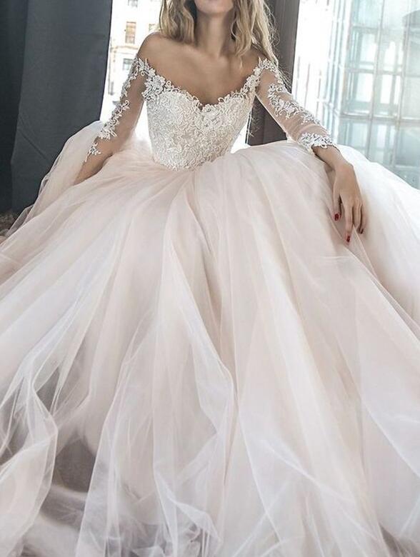 Off-the-Shoulder Long Sleeves Chapel Train A-line Wedding Dresses DT1403