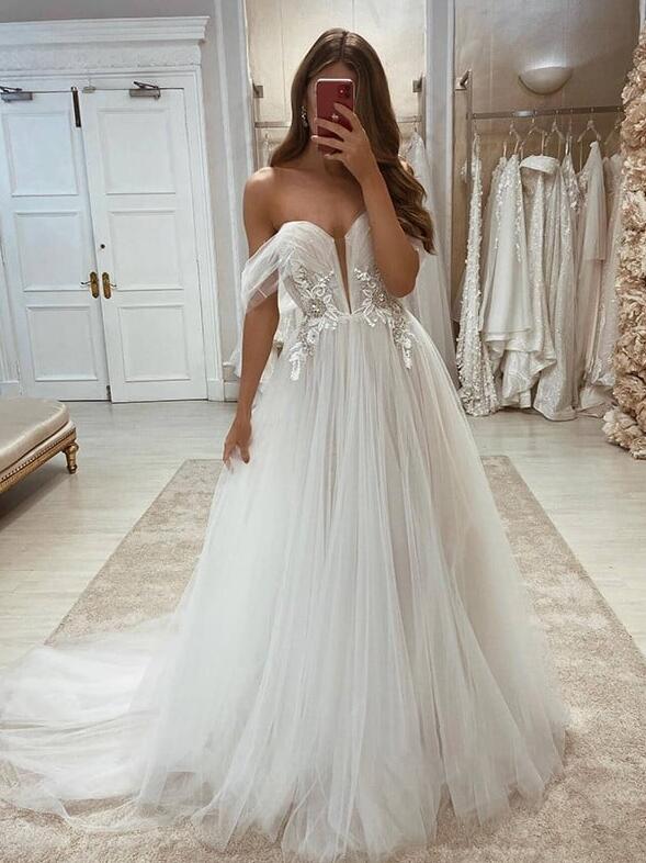 Off-the-Shoulder Sleeveless Sweep/Brush Train A-line Wedding Dresses DT1405